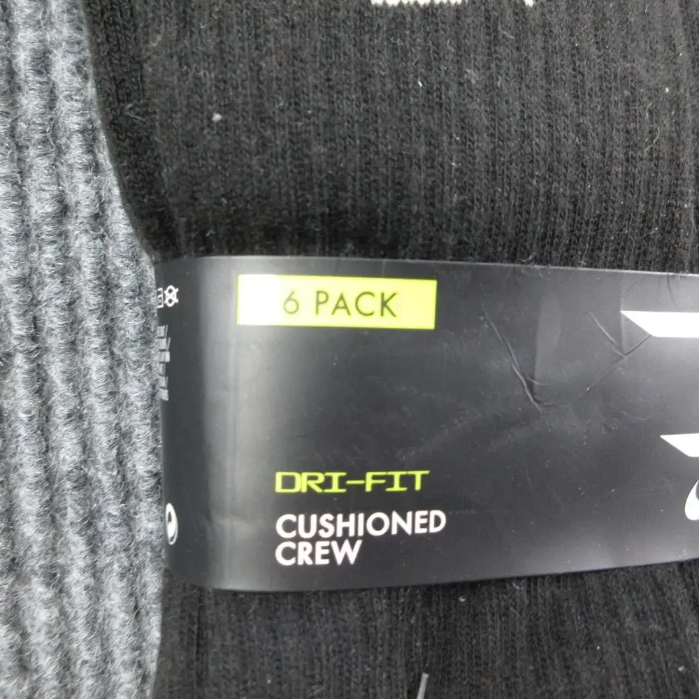 Nike Crew Socks Youth M Black 6 Pack Cushioned Dri-FIT Sock 9-11 Shoe 5Y-7Y NWT
